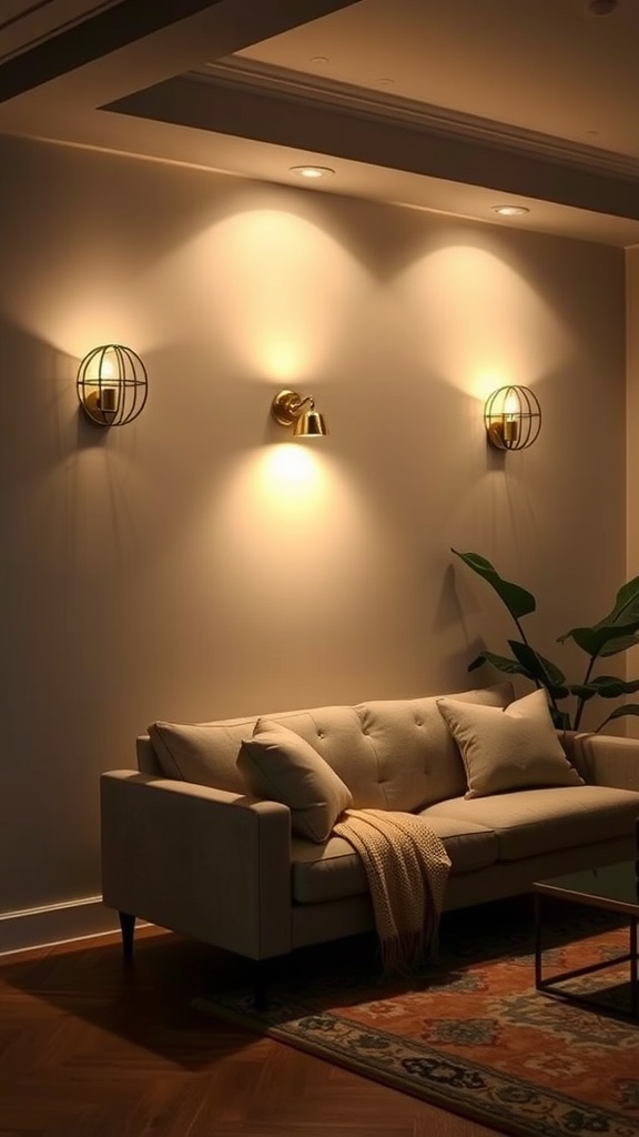 Cozy living room with wall bracket lights illuminating a couch
