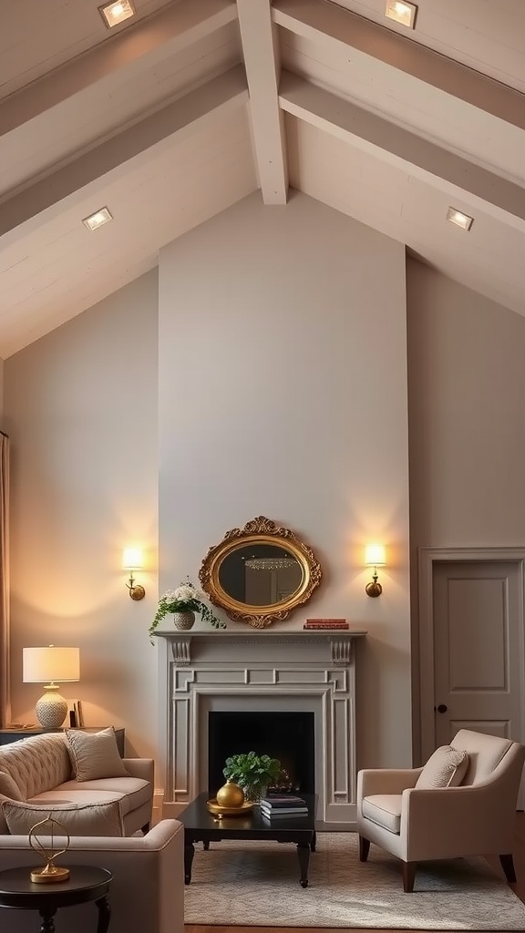 Warm and elegant living room with vaulted ceilings, featuring wall sconces and a cozy fireplace.