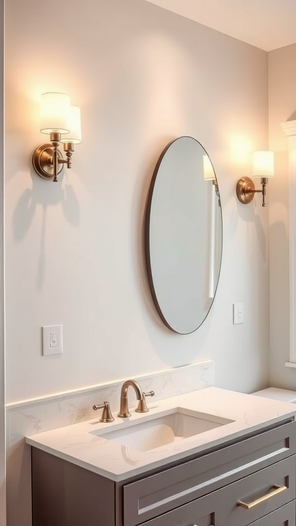 A modern bathroom with two stylish wall sconces beside a round mirror above a countertop