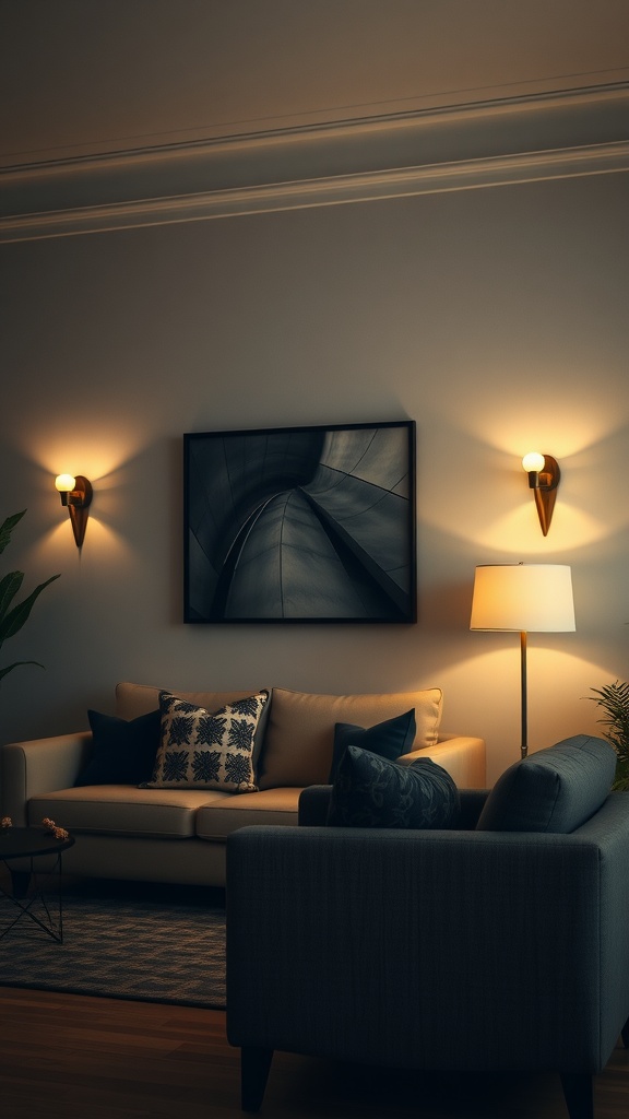 Cozy living room with wall sconces providing warm lighting