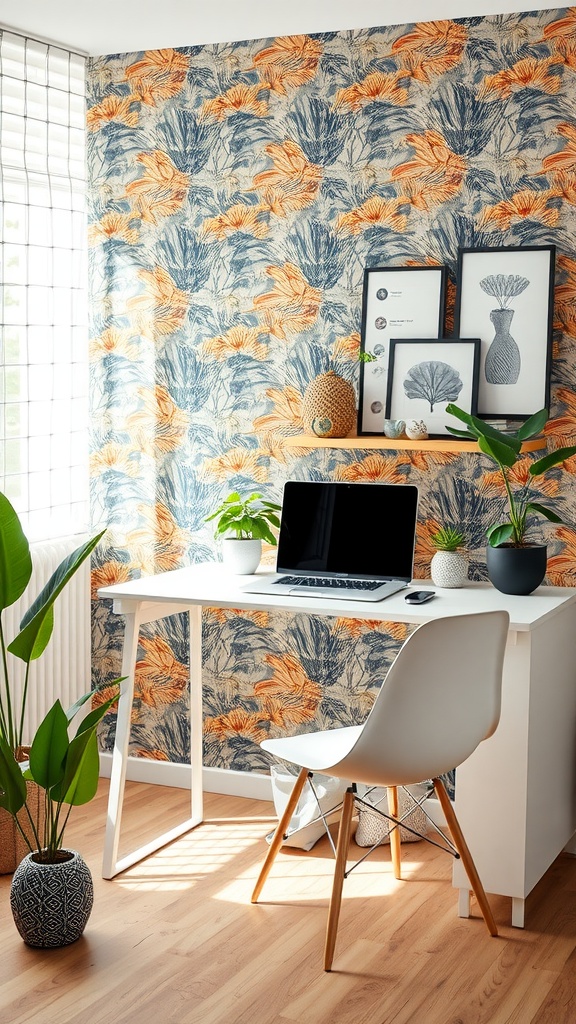 Brightly wallpapered home office with a white desk, laptop, and potted plants.