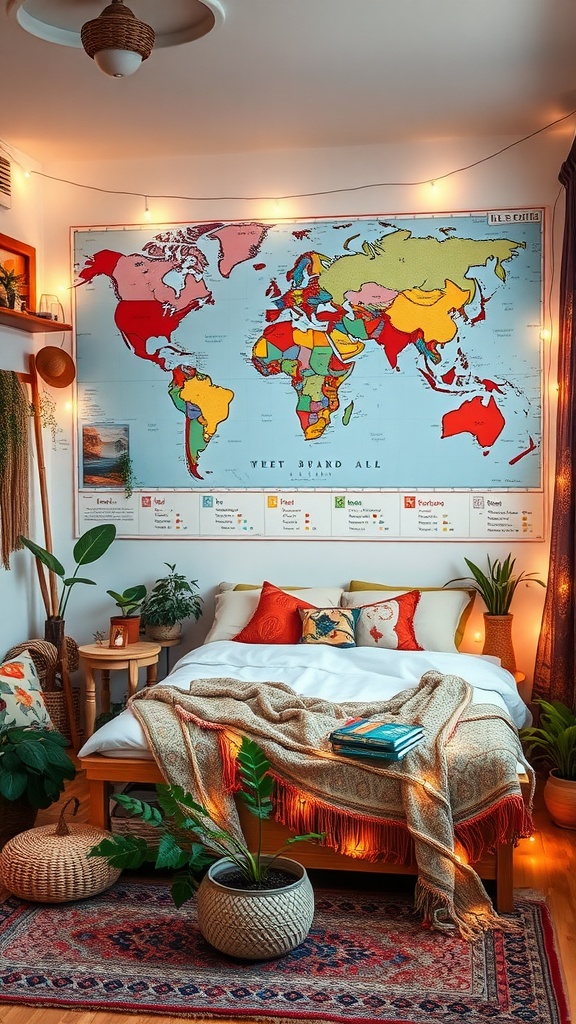 A cozy boho bedroom featuring a colorful world map, plants, and warm lighting.