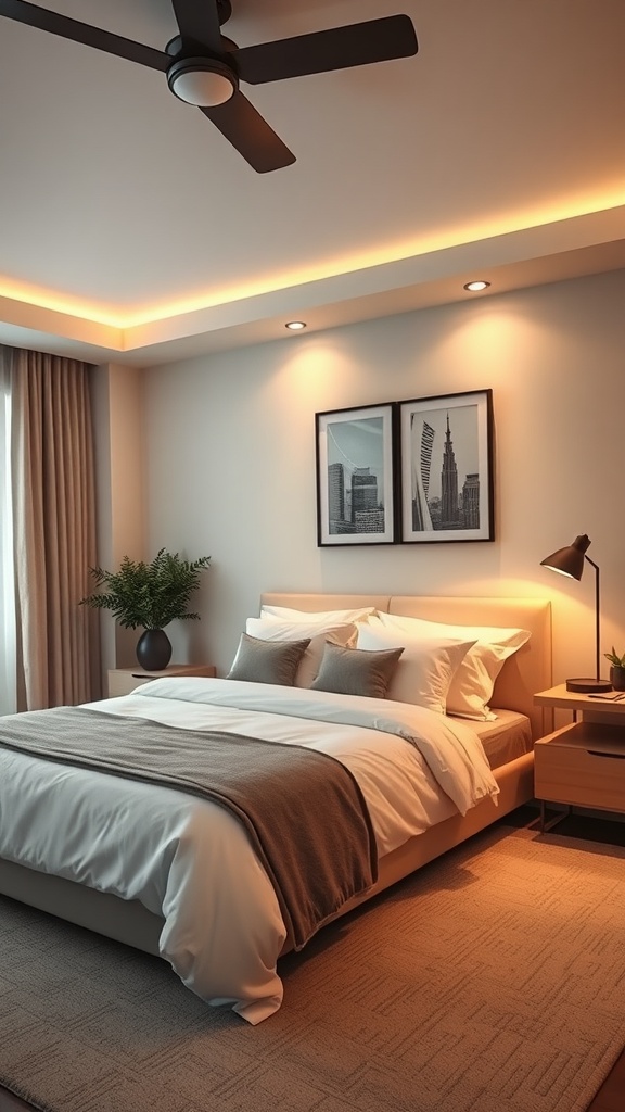 A cozy master bedroom featuring warm ambient lighting with soft glow from ceiling and bedside lamp.