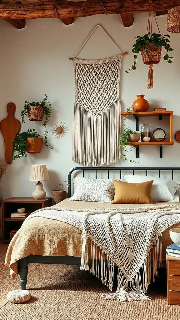 A warm and inviting boho style bedroom featuring earthy tones, macramé wall hanging, and cozy bedding.