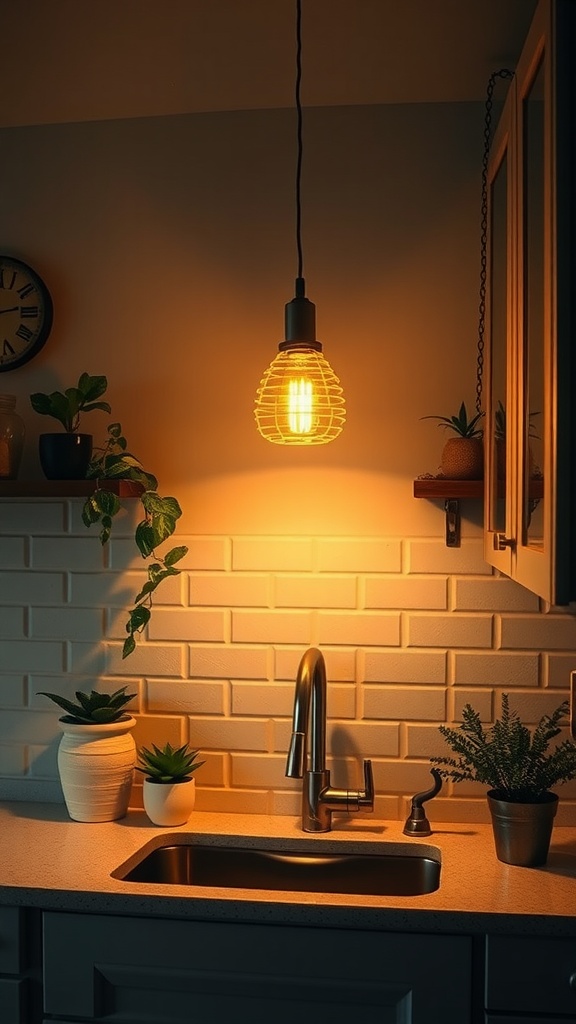 Warm pendant light above sink in a cozy kitchen setting