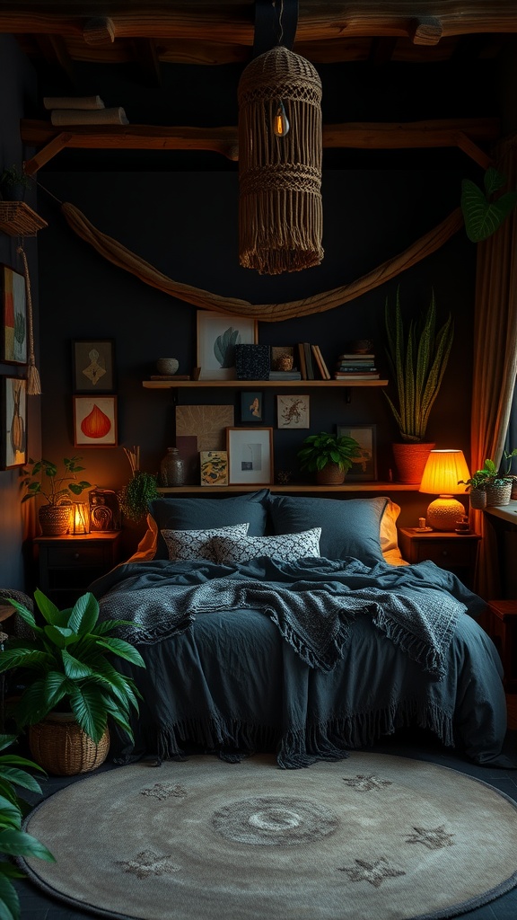 Cozy dark boho bedroom with plants and warm lighting.