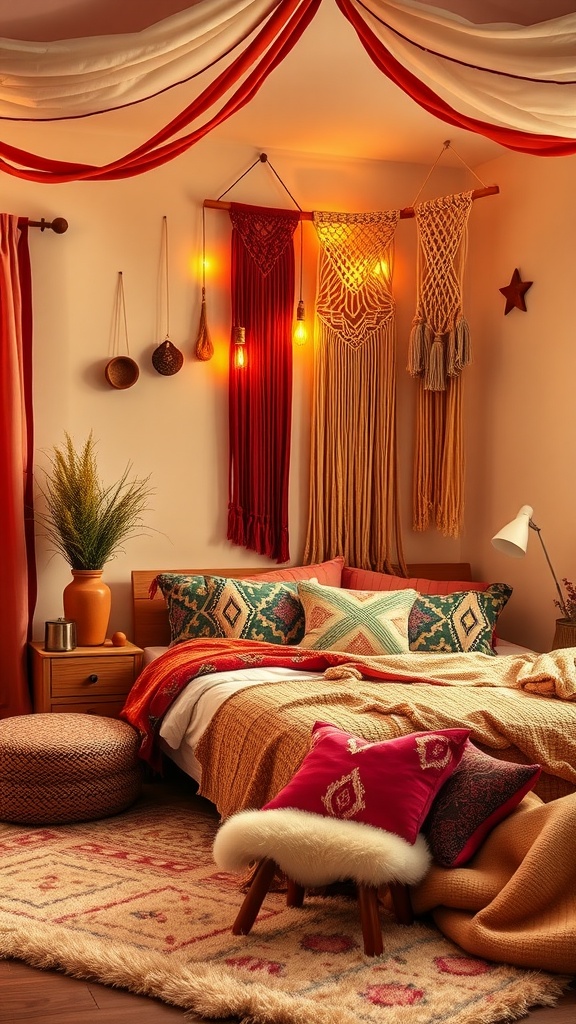 Cozy boho style bedroom with warm colors, macrame wall hangings, and layered textiles