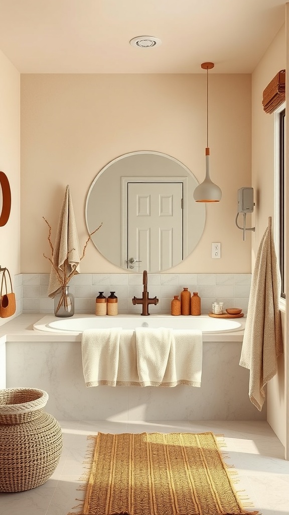 A calming bathroom featuring warm beige walls, earthy accessories, and soft textiles.