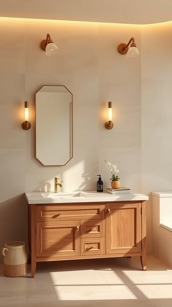 A warm beige bathroom vanity with natural wood finish and marble countertop, illuminated by soft lighting