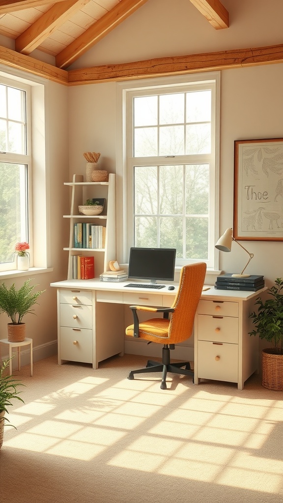Cozy home office with warm color palette, featuring a desk, orange chair, and plants.