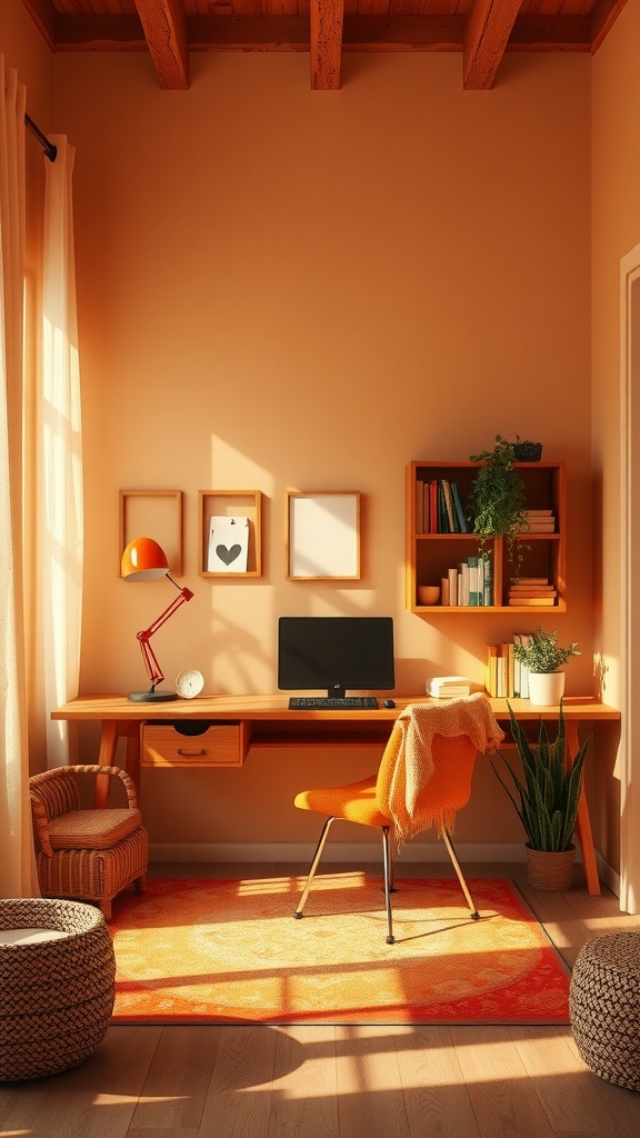 Cozy home office with warm color palette, featuring wooden beams, orange chair, and plants.