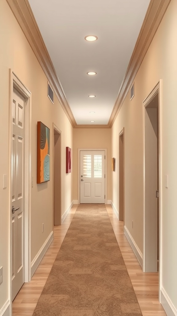 A hallway painted in warm creamy beige with light flooring and colorful artwork.