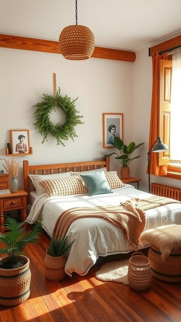 A warm and inviting bedroom featuring earthy tones with wooden furniture, plants, and soft bedding.