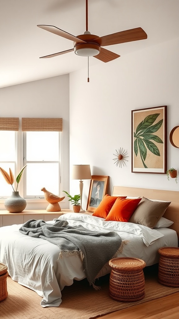 A cozy bedroom featuring warm earthy tones, natural textures, and Boho Mid-Century Modern decor.