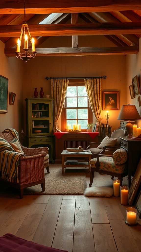 Cozy interior of a cottage featuring wooden beams, warm lighting, and inviting furniture.