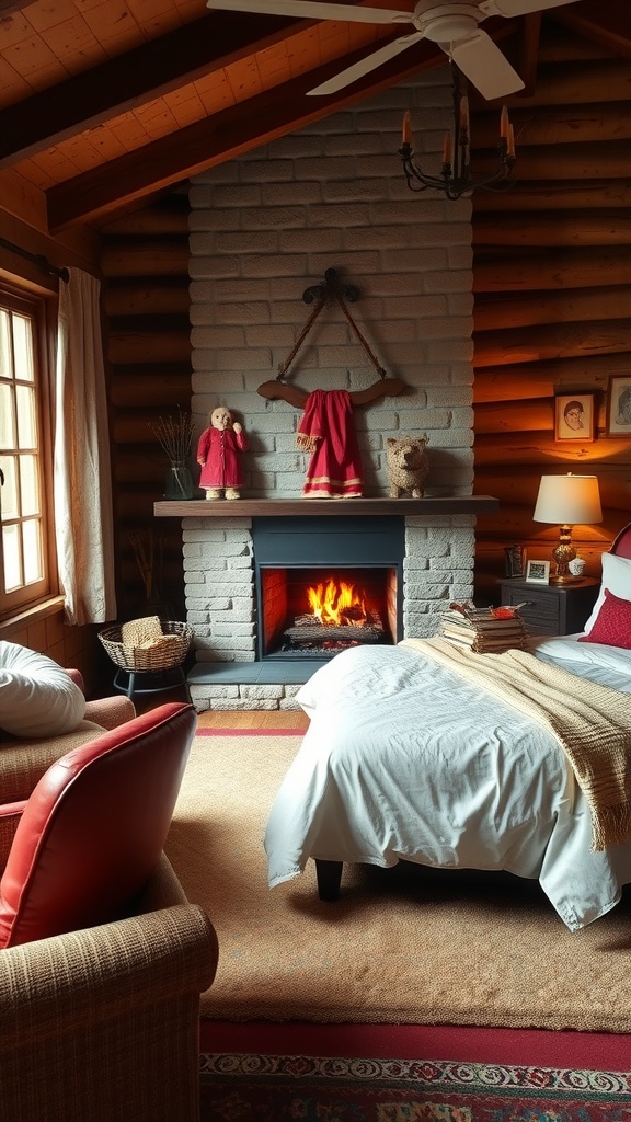 A cozy rustic bedroom corner featuring a warm fireplace, comfortable seating, and cute decorations.