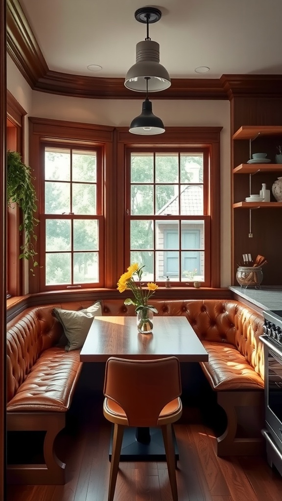 Cozy kitchen nook with leather seating and wooden accents