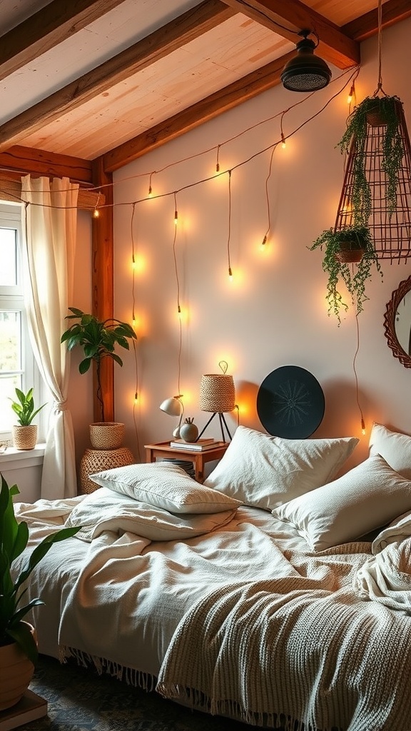 Cozy Boho bedroom with warm lighting and a relaxed atmosphere