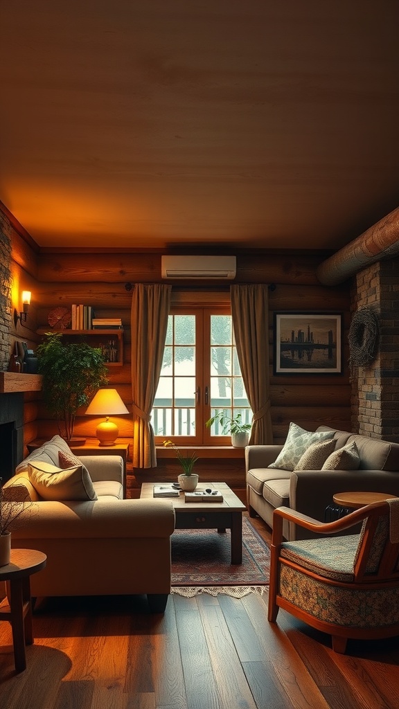 Cozy living room with warm lighting and rustic accents, featuring wooden furniture and potted plants.