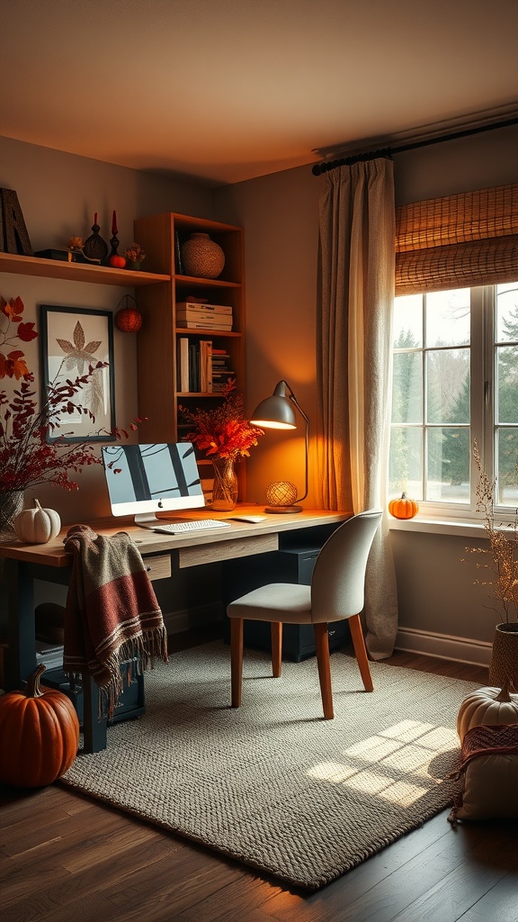 Cozy home office with warm lighting, textured fabrics, and fall decorations