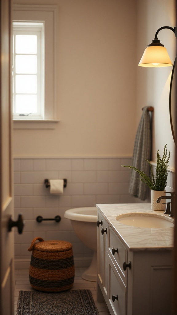 A warm and inviting farmhouse bathroom with soft lighting, featuring a light fixture, a woven basket, and a potted plant.