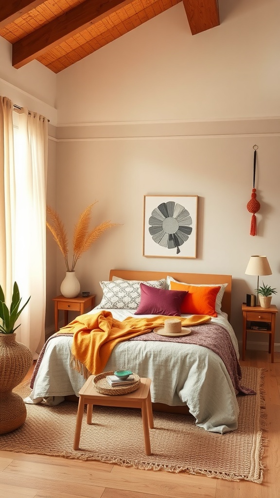 Cozy bohemian bedroom with warm neutrals and colorful accents