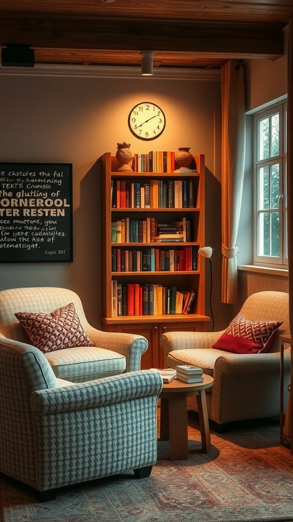 Cozy reading nook with plush chairs and a bookshelf.