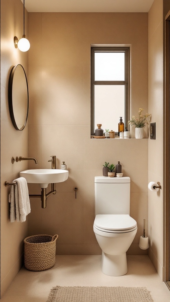 A modern powder room with warm sand colored walls, a circular mirror, and minimalist decor.