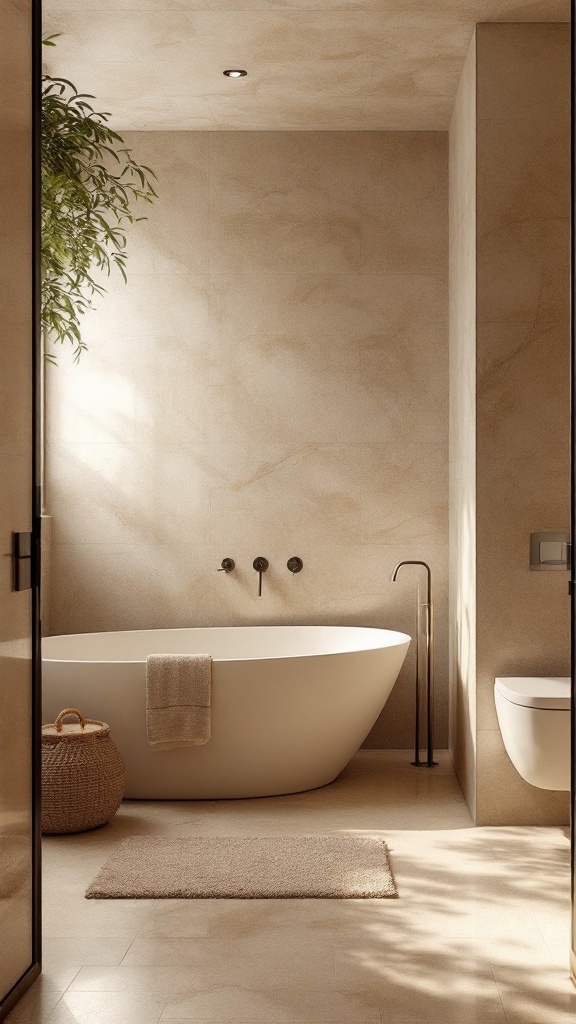 A modern bathroom featuring warm sand tones with beige tiles, a bathtub, and natural light.