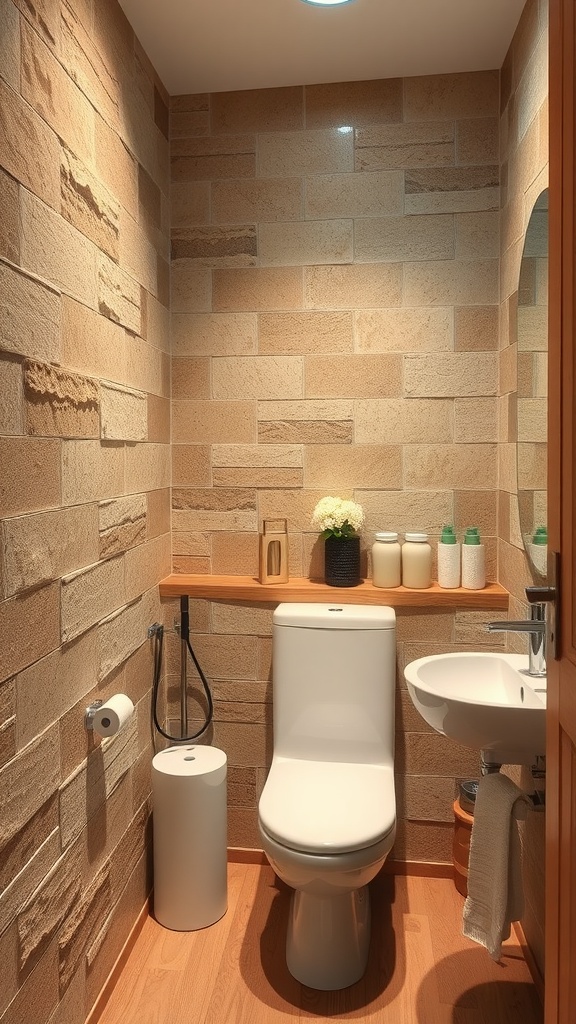 A small bathroom featuring warm stone colored walls, wooden accents, and contemporary fixtures