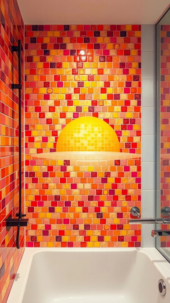 Mosaic tiles in warm sunset colors on a bathroom wall