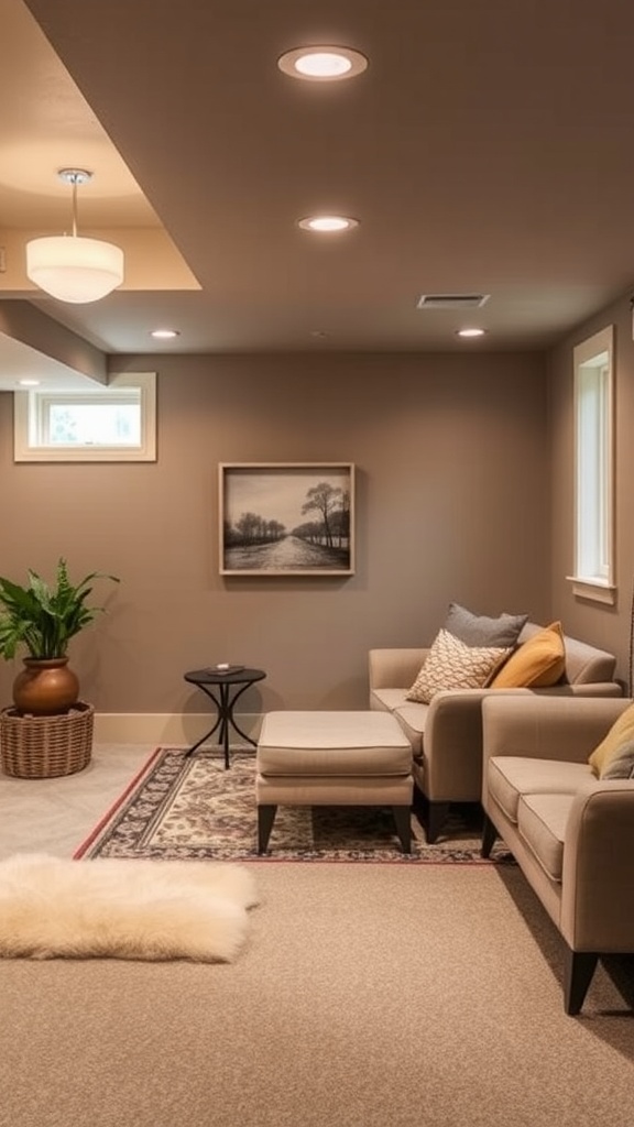 A cozy basement with warm taupe walls, featuring a comfortable seating area and decorative elements.