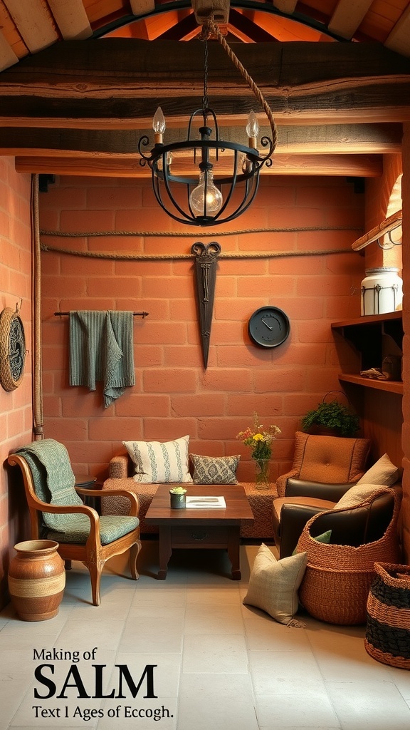 Cozy basement with warm terracotta walls, rustic wooden beams, and comfortable seating.