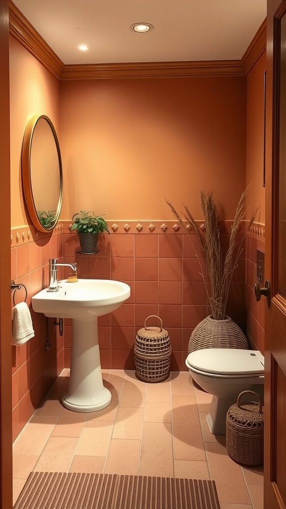 A bathroom featuring warm terracotta walls, cream fixtures, and natural decor.