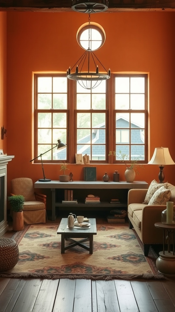 Living room painted in warm terracotta with large windows, wooden furniture, and cozy decor.