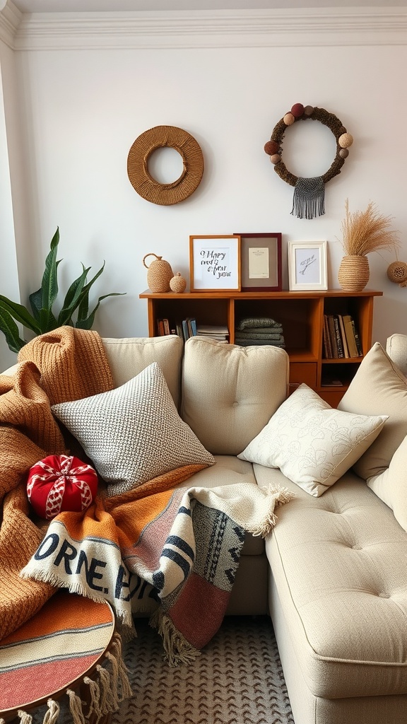 Cozy living room with warm throws and pillows on a beige couch.
