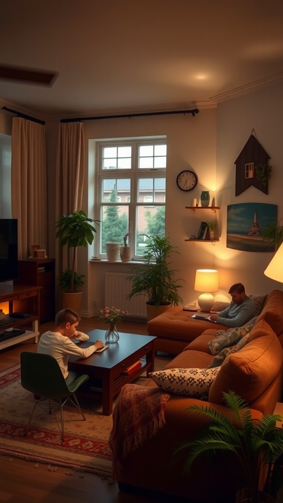 A cozy living room with warm white lighting, a child reading at a table, and a man relaxing on a sofa.