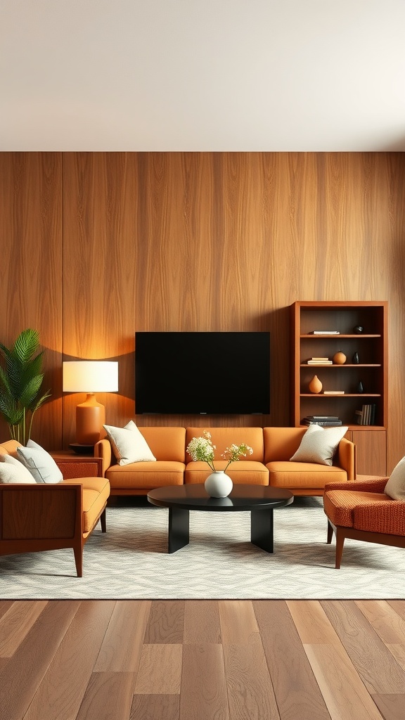 A cozy living room featuring warm wood accents, elegant furniture, and a stylish atmosphere.