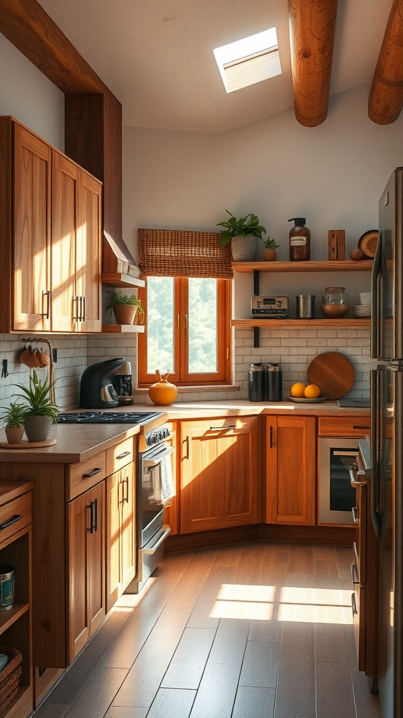 A rustic modern kitchen featuring warm wood accents, open shelves, and plants.
