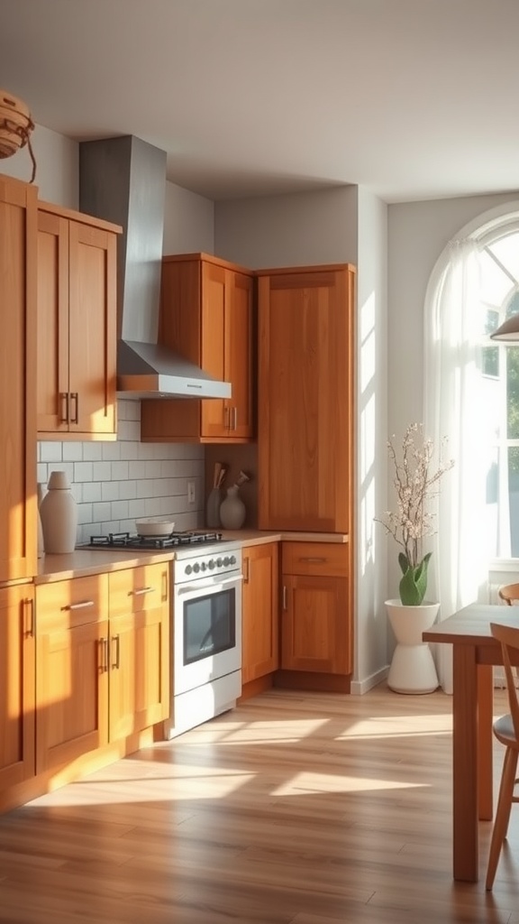 A warm wood finish kitchen with sunlight illuminating the cabinets and countertops.