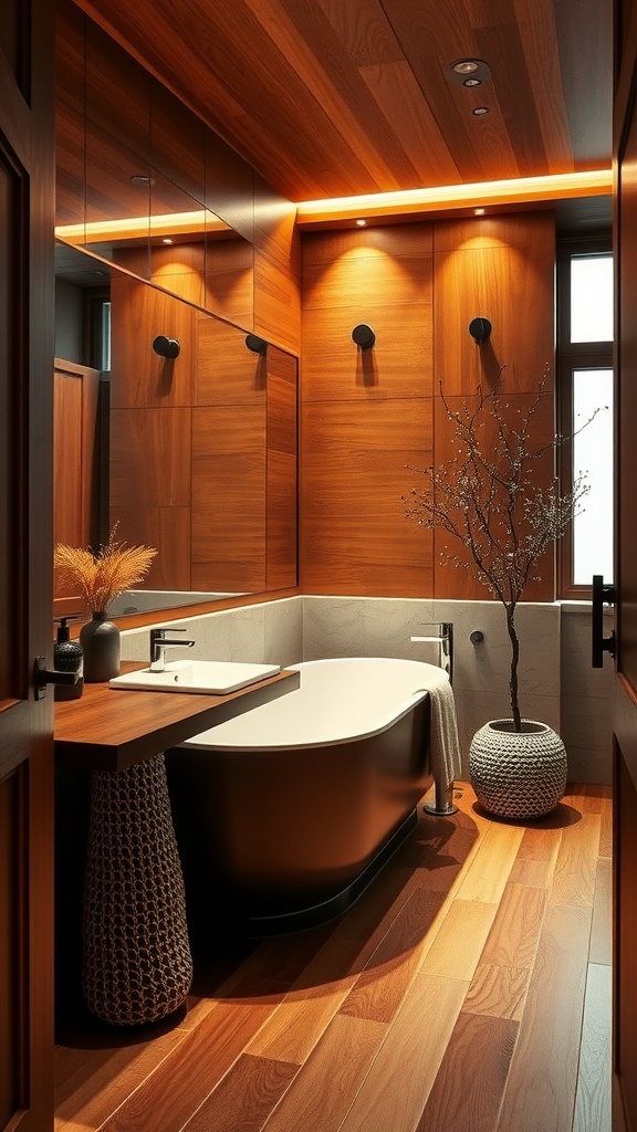 A modern luxury bathroom with warm wood finishes, featuring a sleek black bathtub, stylish lighting, and natural decor elements.