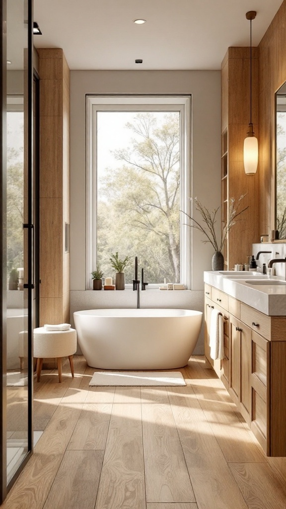 A modern bathroom with warm wood tones, featuring wooden panels, a white bathtub, and natural light.