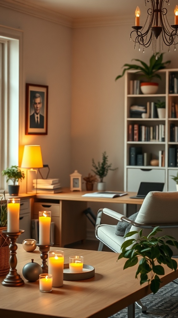 A cozy fall home office with candles, plants, and warm lighting.