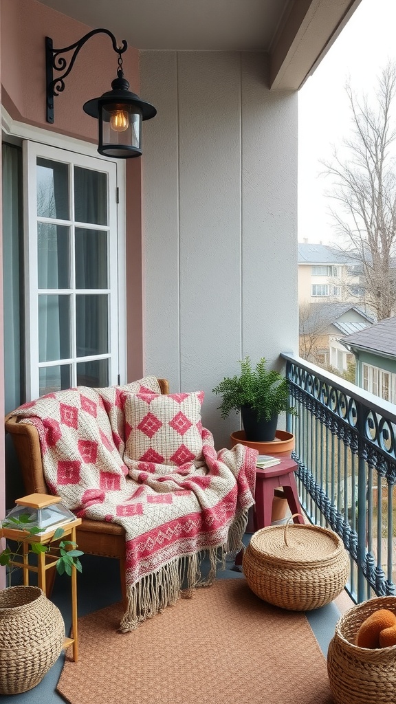 A cozy small balcony with a sofa, blanket, cushions, potted plant, and woven baskets.