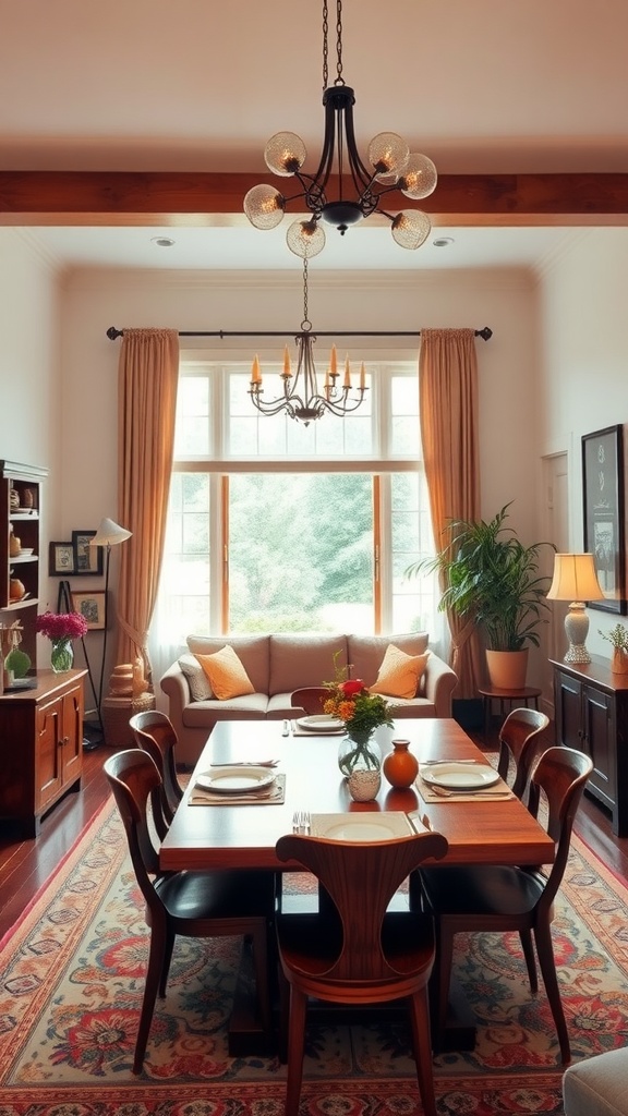 Cozy living room dining room combo featuring a wooden dining table, warm colors, and natural light.