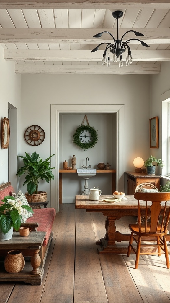 A serene farmhouse interior featuring warm tones, natural wood floors, and cozy furnishings.