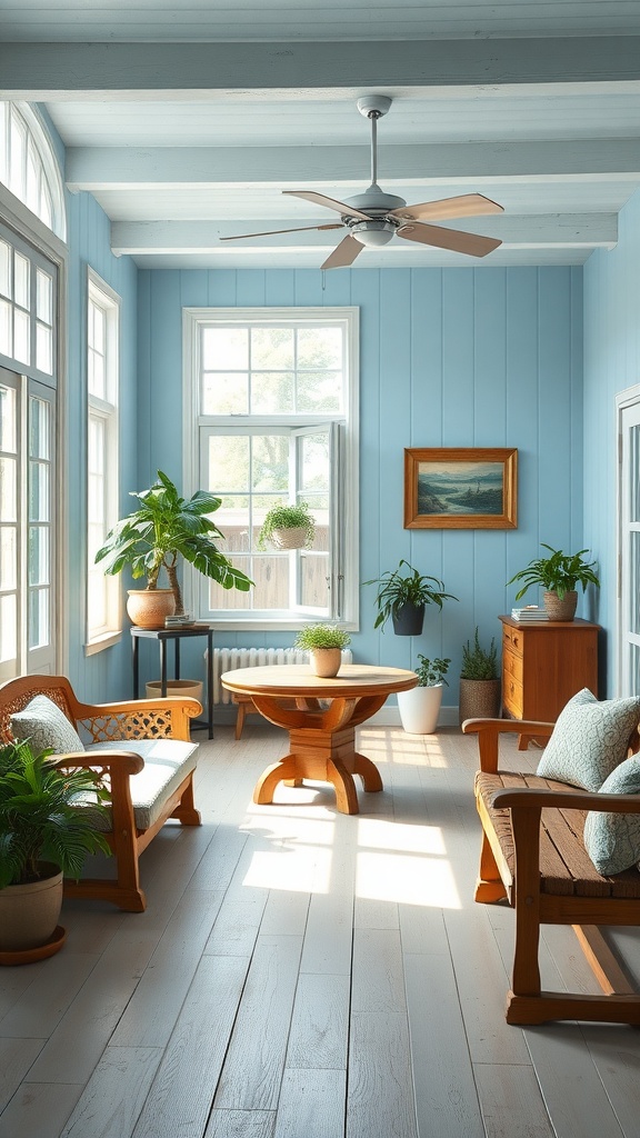 A sunroom with soft blue walls, wooden furniture, and plants, creating a tranquil atmosphere.