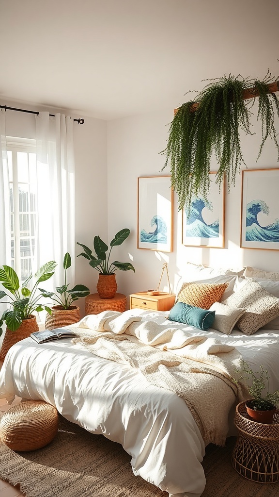 A bright boho coastal bedroom with wave artwork, plants, and cozy bedding.