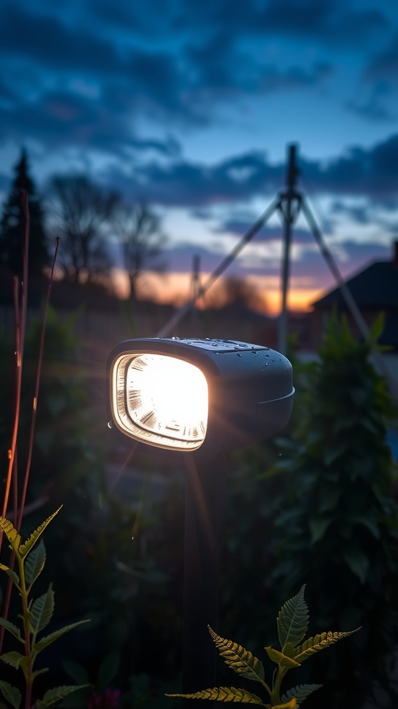 A solar uplight shines in a garden at dusk, showcasing its weather-resistant design.