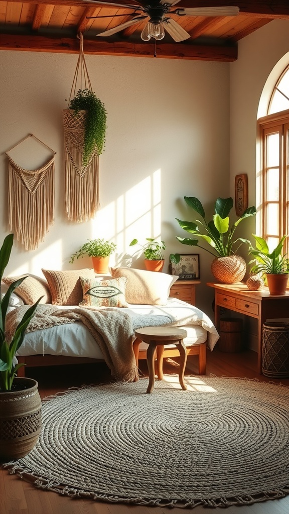 Cozy boho style bedroom with plants, macramé wall hangings, and natural light.